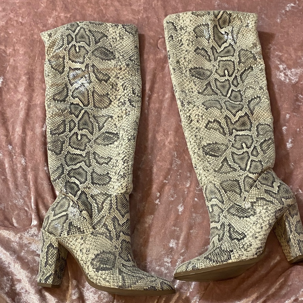 Express Beige and Brown Snake-Print Knee-High Heeled Boots